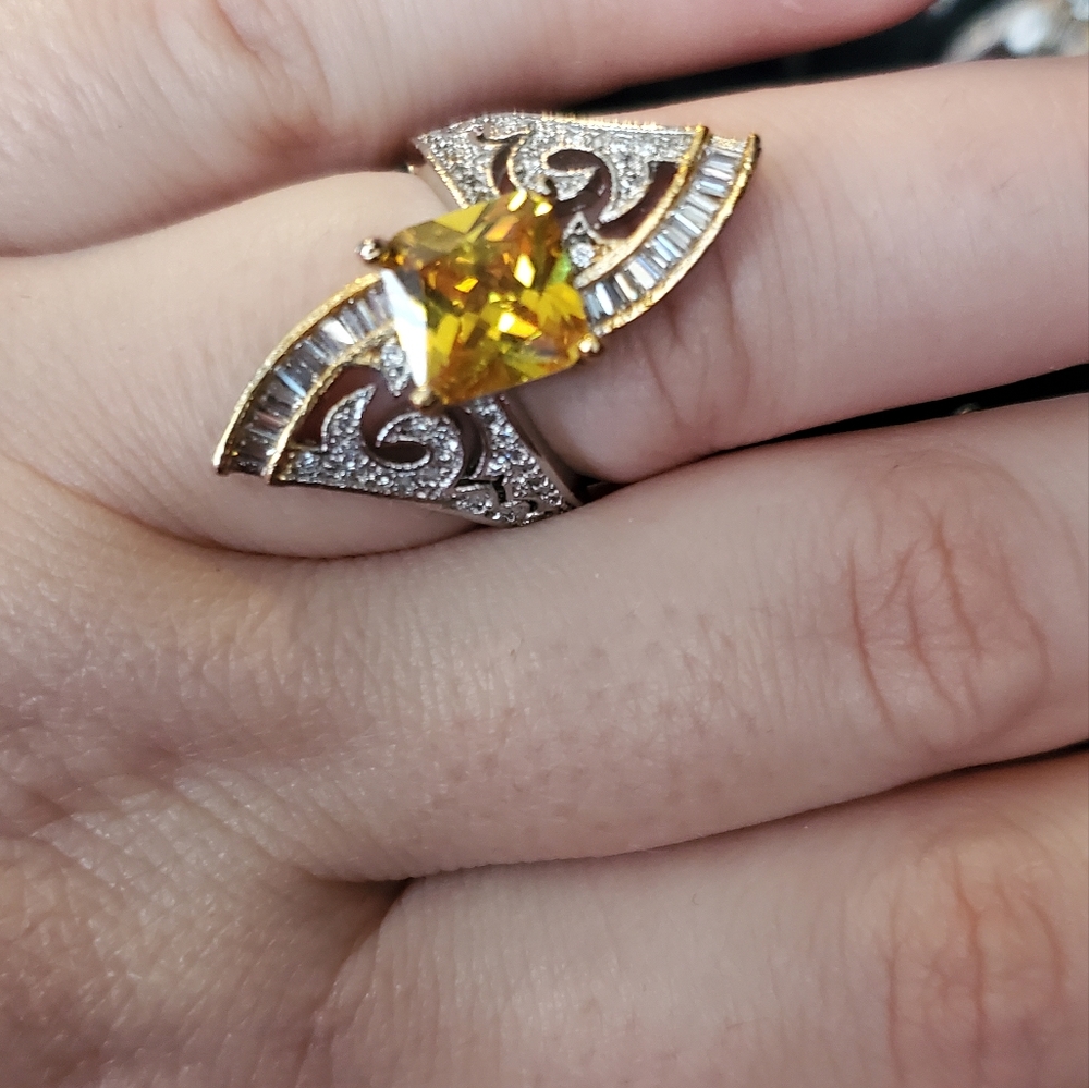Bridgeton Regency Era Look Platinim on 925 silver Diamond Citrine Cocktail Ring